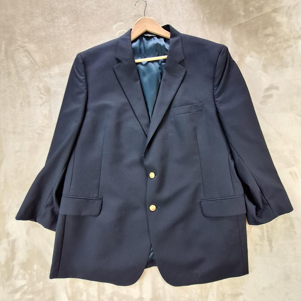 Jos A Bank Blazer Mens 48R Blue Wool Ventless 2 Button Gold Buttons Jacket
